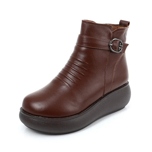 Waterproof Women Snow Boots 100% Genuine Leather Natural Wool Fur Platform