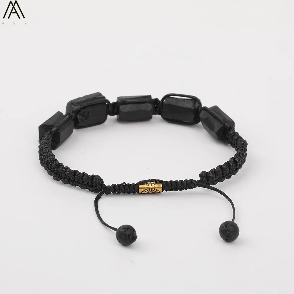 Natural Black Tourmaline Nugget Beads Knotted Handmade Woven Bracelet Women Stone Beads Braid Bracelet Adjustable N0456AMI
