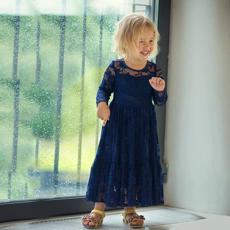 2 -12 Yrs Baby Girl Lace Maxi Dress Big Bow Long Sleeve Elegant Flower