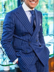 Summer Blue Striped Suits for Men Business Formal Male Blazer Sets Double Breasted