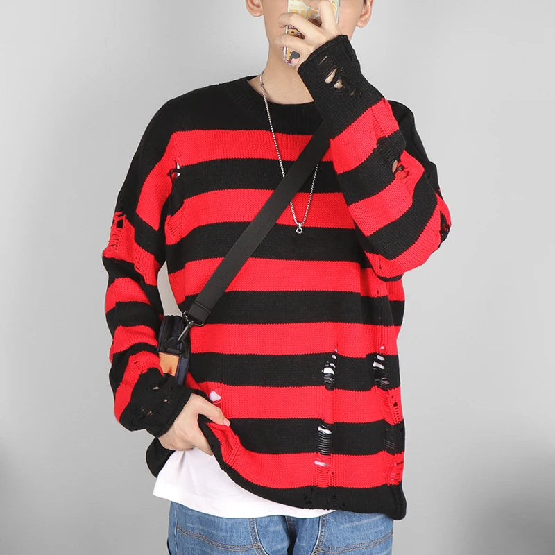 Black Stripe Sweaters Destroyed Ripped Sweater Men Pullover Hole Knit Jumpers Men