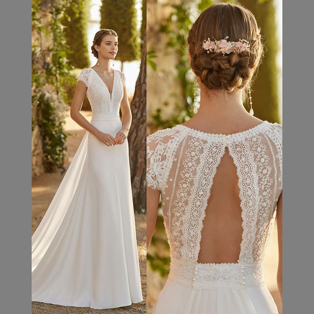 White Bridesmaid Dresses: Wedding Dresses With Detachable Train V-Neck Cap Sleeves