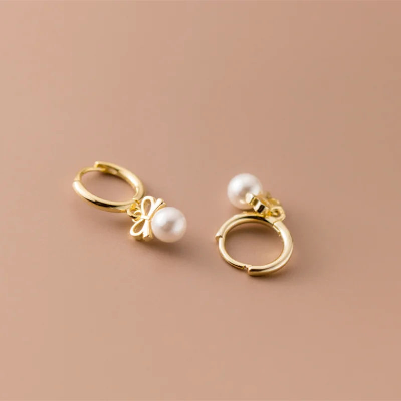 WANTME 925 Sterling Silver Cute Butterfly Synthetic Pearl Pendant Drop Earrings Fashion Charm Gold Plated Huggies Jewelry Women