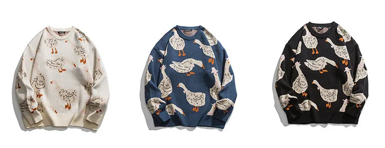 Japanese Knitted Sweater Men Cartoon Animal Duck Goose Print Pullover