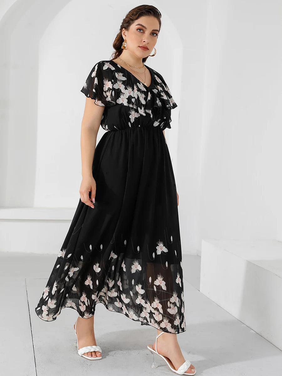 Plus Size Casual Women's Dresses 2023 Summer Ruffles V Neck Short Sleeve Floral Maxi Long Dress Black Chiffon Boho Beach Dresses