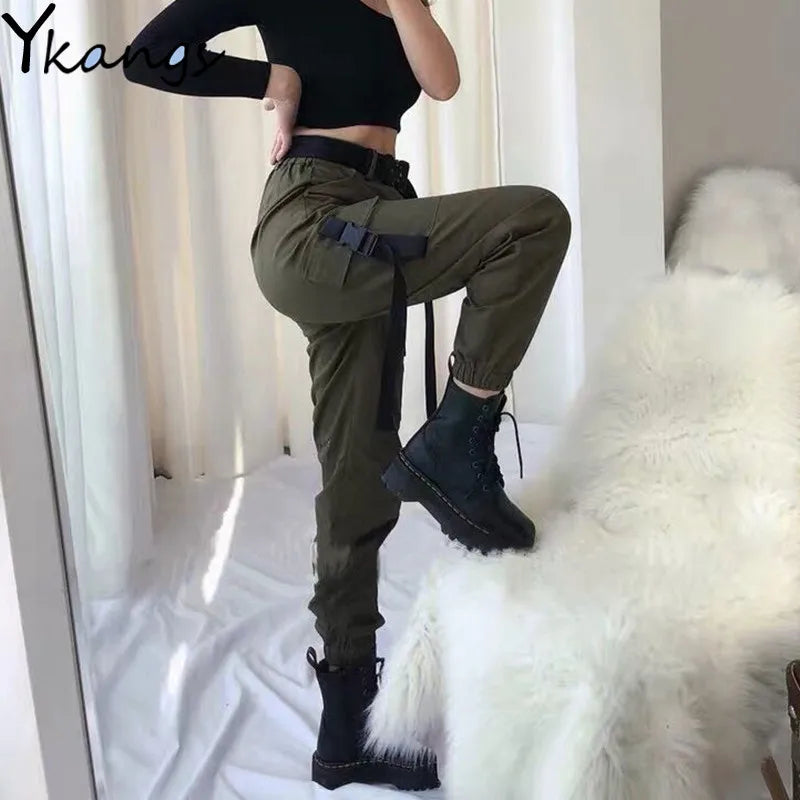 Armygreen Cargo Pants With Belt Women Capri Casual High Waist Trousers