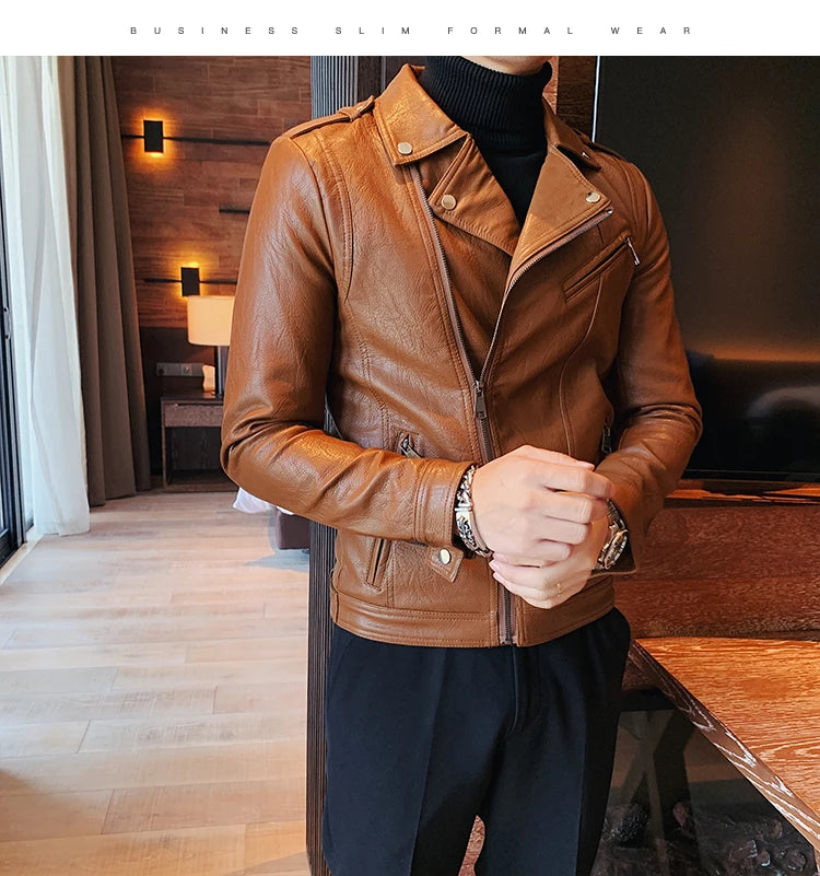 Men Faux Leather Jacket Oblique Zipper Jackets Motorcycle Black Jaqueta De Couro