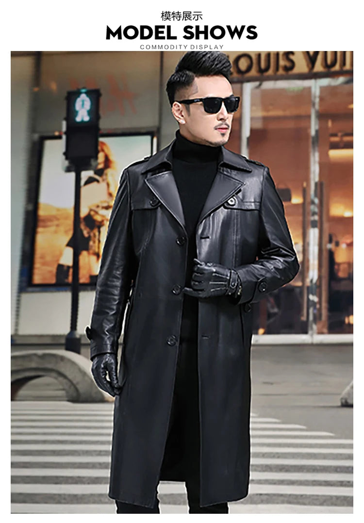 Long Smart Black Waterproof Leather Trench Coat Men Lapel belt Autumn Soft
