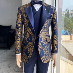 Floral Jacquard Tuxedo Suits for Men Wedding Slim Fit Navy Blue and Gold Gentleman Jacket