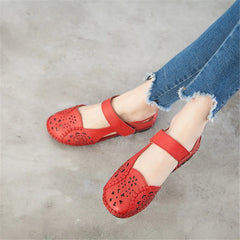 Hollow Genuine Leather Breathable Soft Flat Sandals Summer Women Shoes