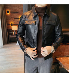 Men Faux Leather Jacket Oblique Zipper Jackets Motorcycle Black Jaqueta De Couro