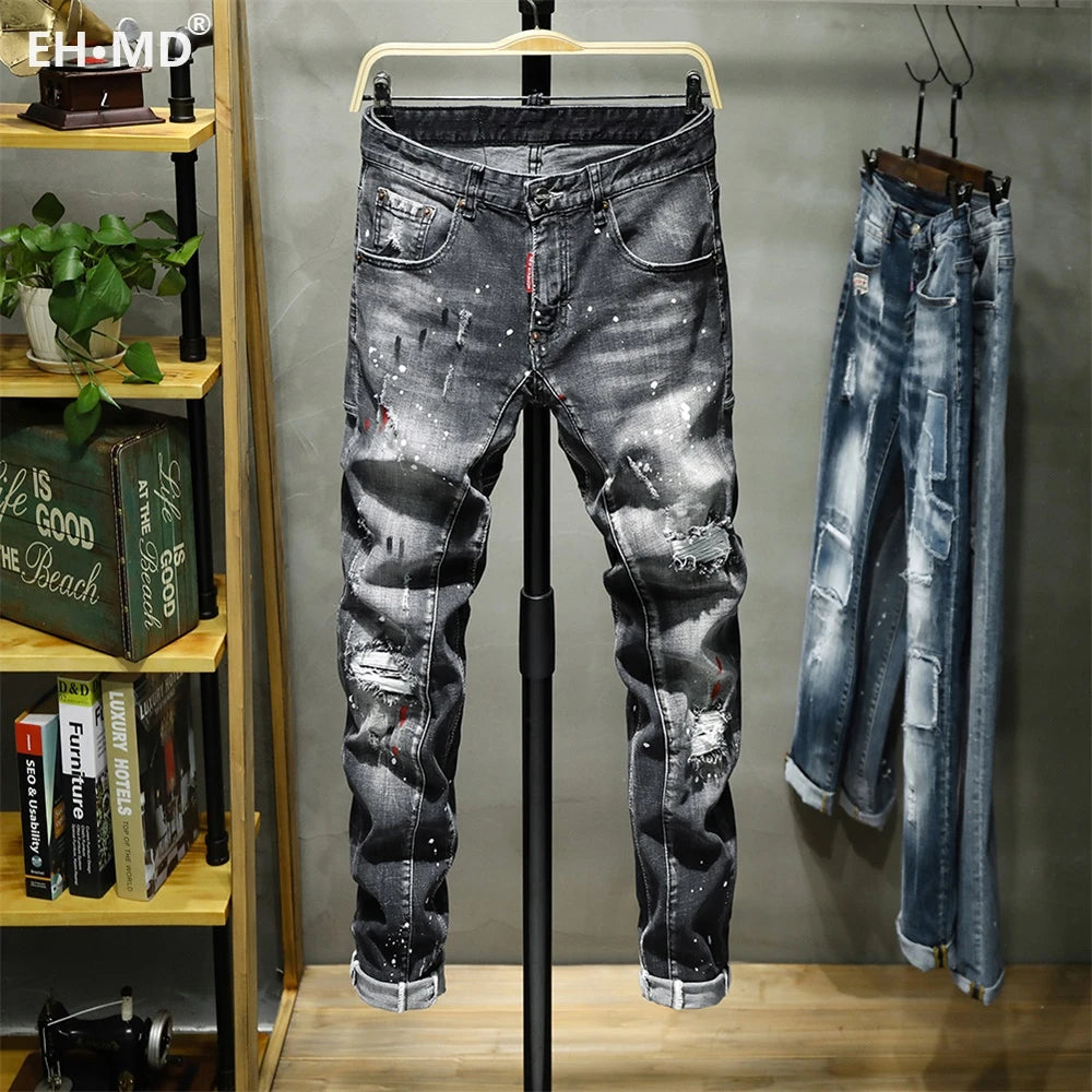 Ripped Hole Jeans Men's Paint Dots Ink Splattered Soft Cotton High Elastic