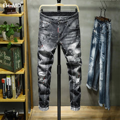 Ripped Hole Jeans Men's Paint Dots Ink Splattered Soft Cotton High Elastic