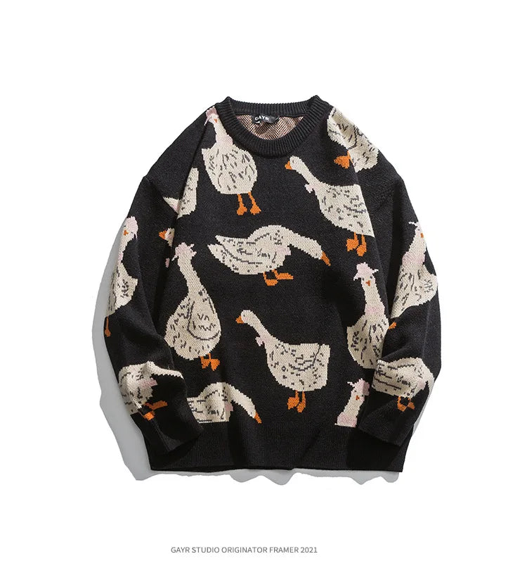 Japanese Knitted Sweater Men Cartoon Animal Duck Goose Print Pullover