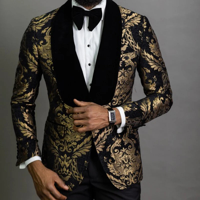Floral Jacquard Blazer for Men Prom African Fashion Slim Fit with Velvet Shawl
