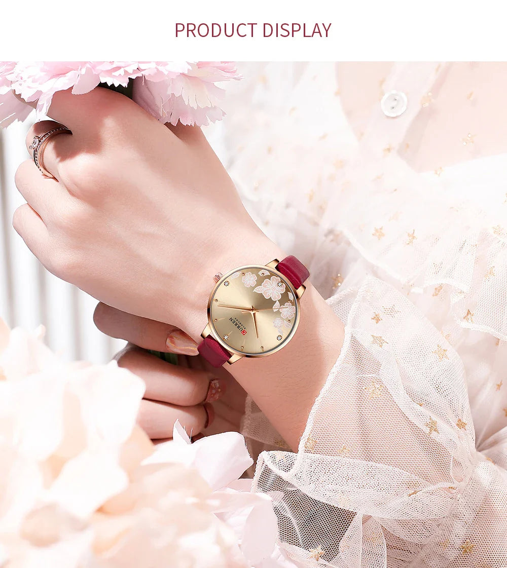 CURREN Watches Women Brand Leather Quartz Wristwatches Luxury Design Clock for Ladies Charm Flowers Dial with box