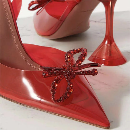 Fashion brand Rhinestones Bowknot Women Pumps Sexy clear PVC Slingback High heels Jelly Shoes Summer Ladies Wedding Bridal Shoes