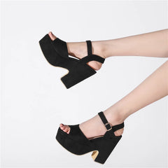 Woman Sandals High Heels Female Platform Ankle Strap Buckle Ladies Flock