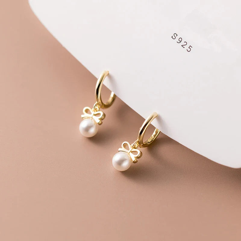 WANTME 925 Sterling Silver Cute Butterfly Synthetic Pearl Pendant Drop Earrings Fashion Charm Gold Plated Huggies Jewelry Women