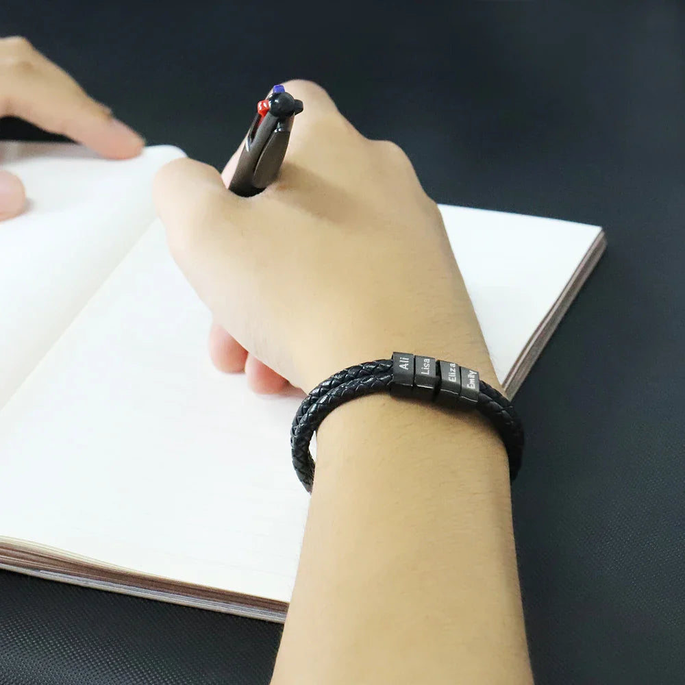 MaiLun 1pc Personalized names beads Men bracelet Leather Bracelet Customized gift for husband father