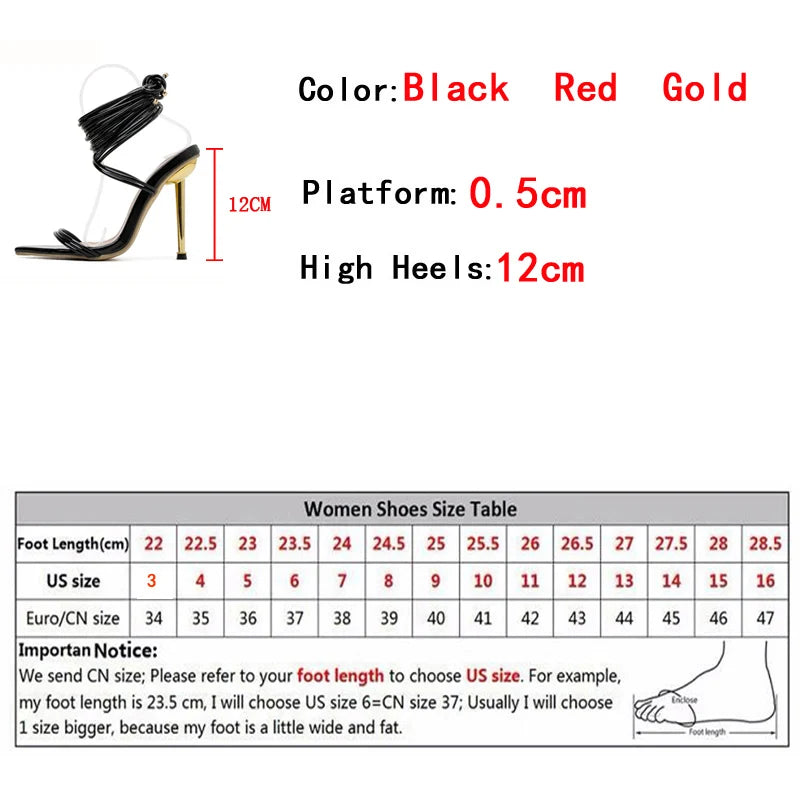 Summer 12CM Gladiator Heels Sandals For Women Fashion Pointed Open Toe Lace-Up Stiletto Ladies Strappy Wedding Shoes Black Red