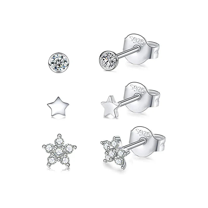 CANNER 3pcs/set Bling Zircon Earring 925 Sterling Silver Cute Mini Heart Star Stud Earrings Ear Bone Earlobe Piercing Jewerly