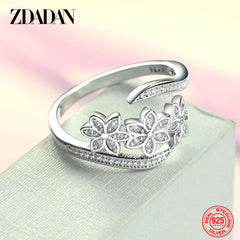 925 Sterling Silver Fashion Adjustable Open CZ Flowers Ring For Women