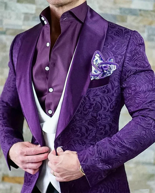 Elegant Mens Suits Italian Design Custom Made Purple Jacquard Smoking