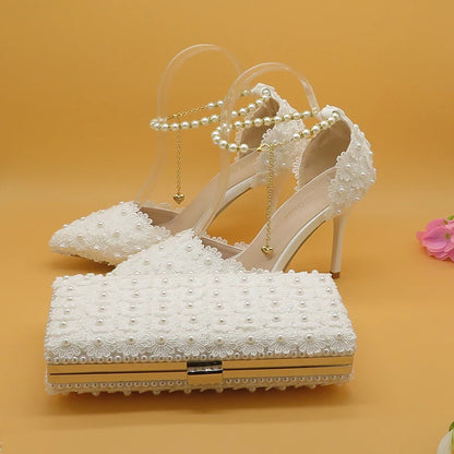 White Lace Flower Wedding Shoes And Bags  Set High Heels Pointed Toe Ankle Strap Ladies Party shoe with matching purse Lace-up