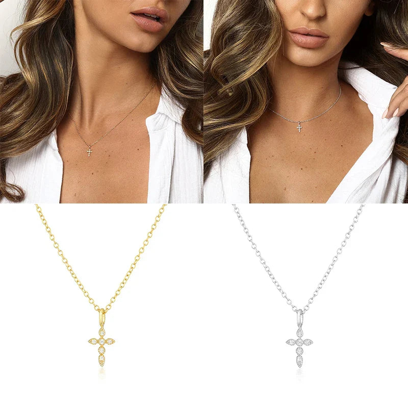 Aide 925 Sterling Silver Necklaces Charms for Women Crystal Cross Clavicle Collar Chain Simple Choker Necklace Accessories Gift