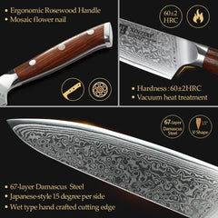 5'' Inch Utility Knives Japanese Damascus Steel Kitchen Knife Rosewood Handle