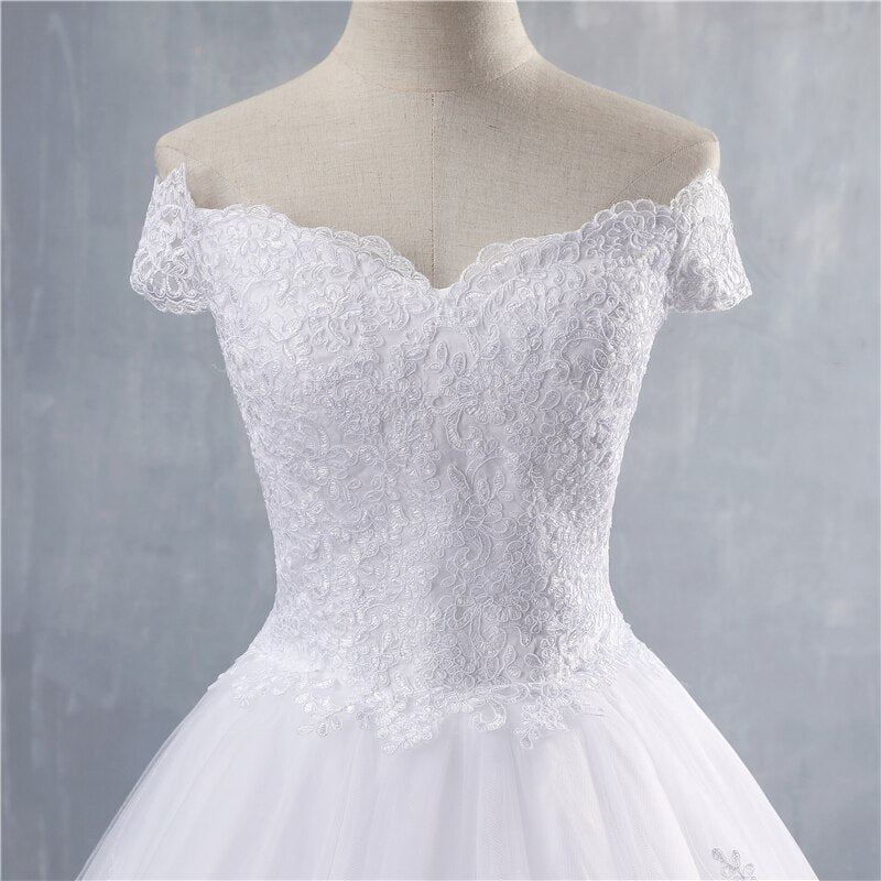 White Bridesmaid Dresses: White Ivory Lace Appliques Ball Gown Off The Shoulder