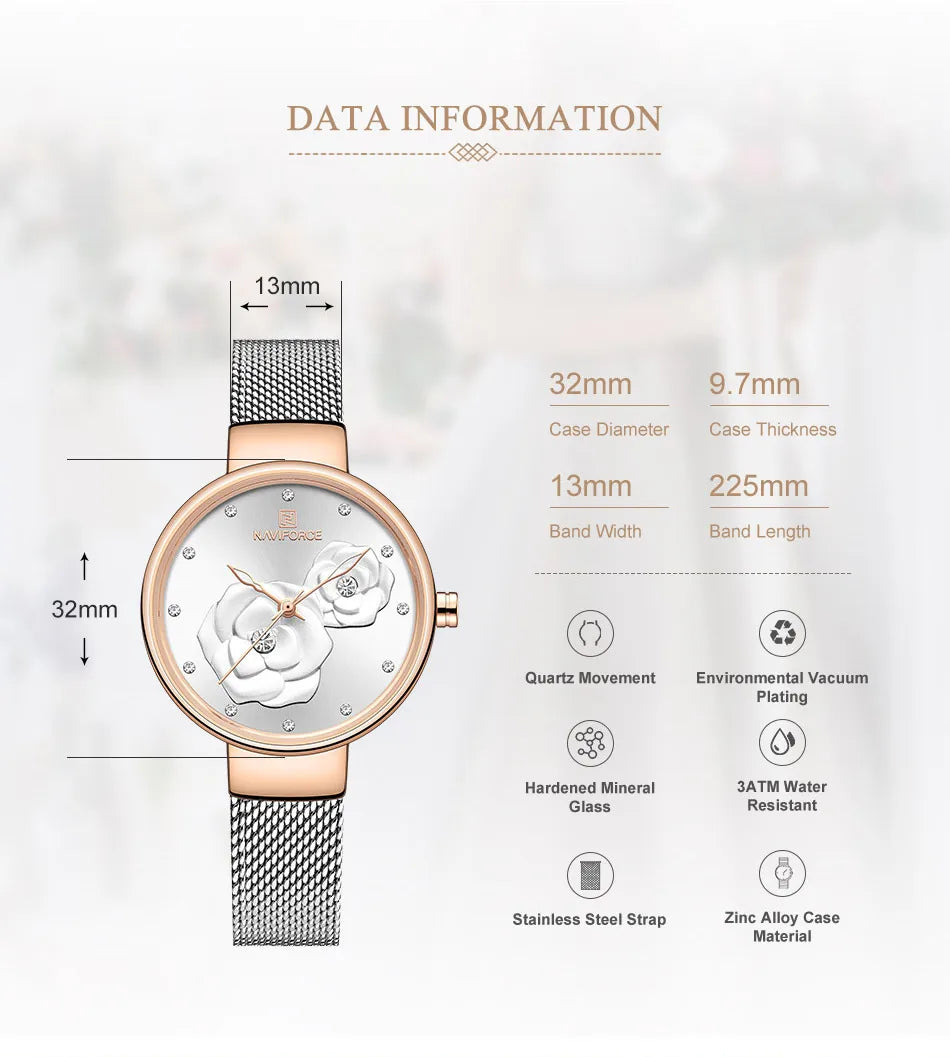Women Watch NAVIFORCE Top Luxury Brand Steel Mesh Waterproof Ladies Watches Flower Quartz Female Wristwatch Charming Girl Clock