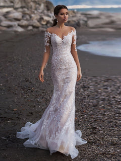 Beach Long Sleeves Mermaid Tulle Wedding Dress Elegant V-Neck