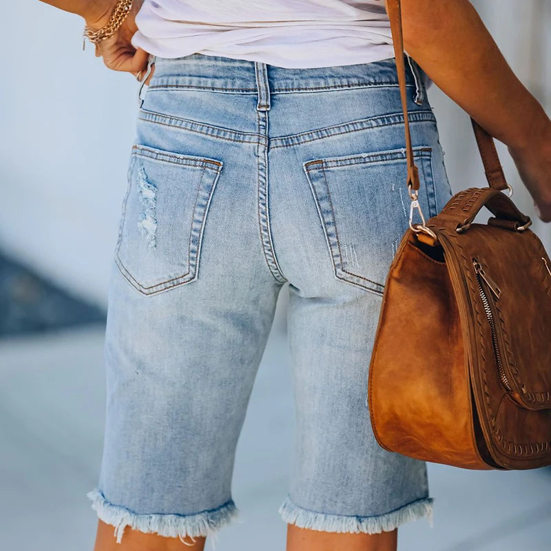 Cycling Denim Shorts Woman Fashion Tassel Tight Five-Point Shorts Washed Female Jeans