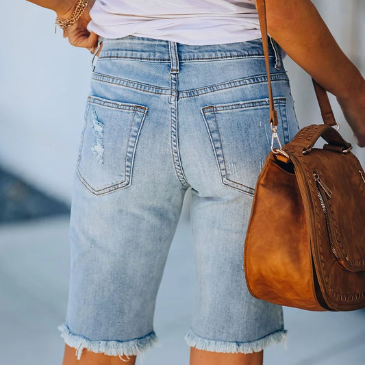 Cycling Denim Shorts Woman Fashion Tassel Tight Five-Point Shorts Washed Female Jeans