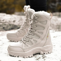 Leather Women Boots Plush Warm Snow Boots Lace Up Waterproof Women Ankle Boots