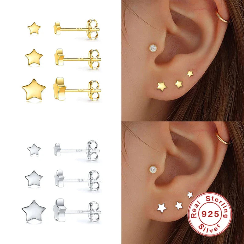 CANNER 3pcs/set Bling Zircon Earring 925 Sterling Silver Cute Mini Heart Star Stud Earrings Ear Bone Earlobe Piercing Jewerly
