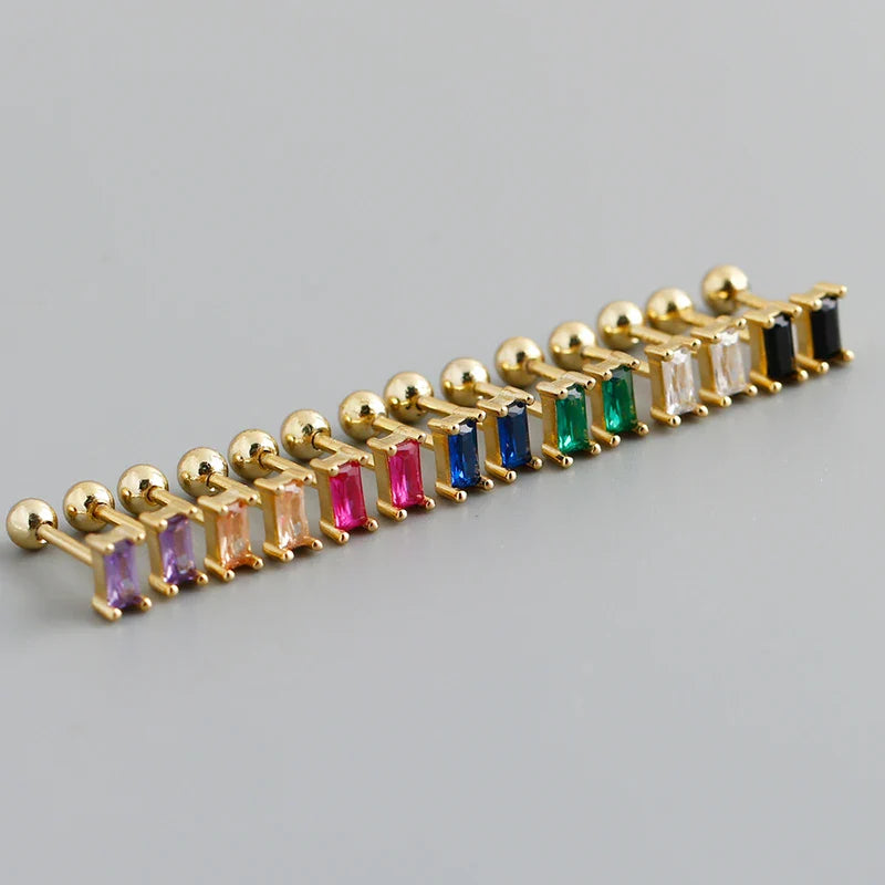 WANTME 925 Sterling Silver Colorful Square Shiny Zircon Beads Piercing Stud Earrings for Women Fashion Gothic Exquisite Jewelry