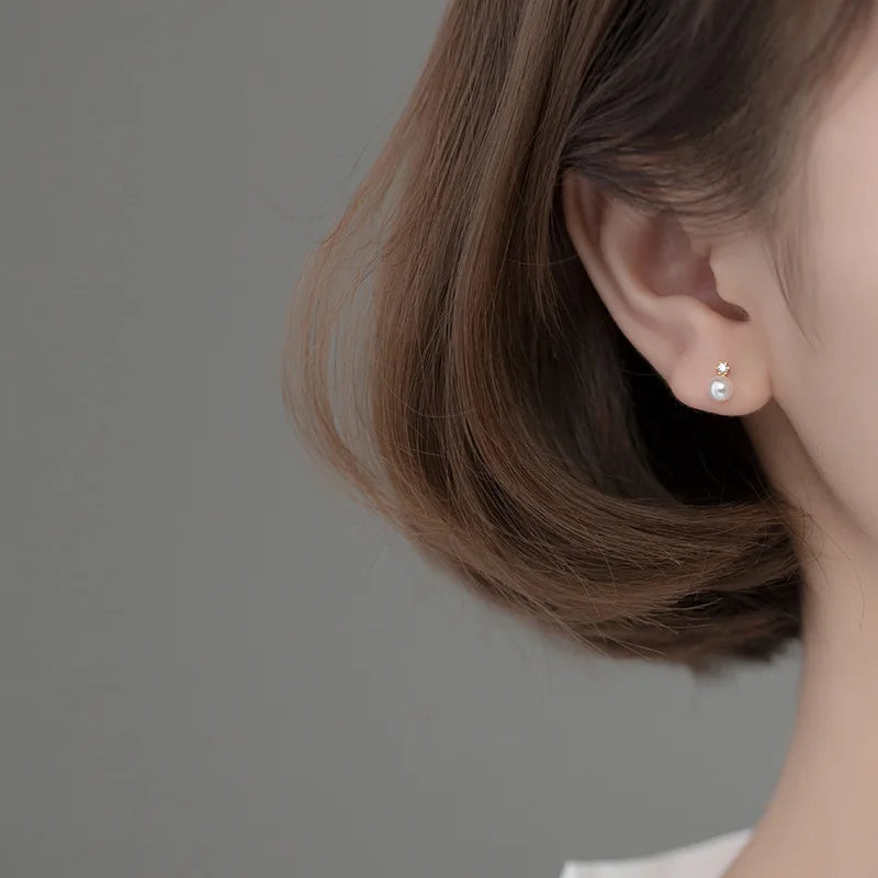 WANTME Genuine 925 Sterling Silver Geometric Zircon Pearl Mini Small Stud Earrings for Women Chic Charming Korean Jewelry 2021