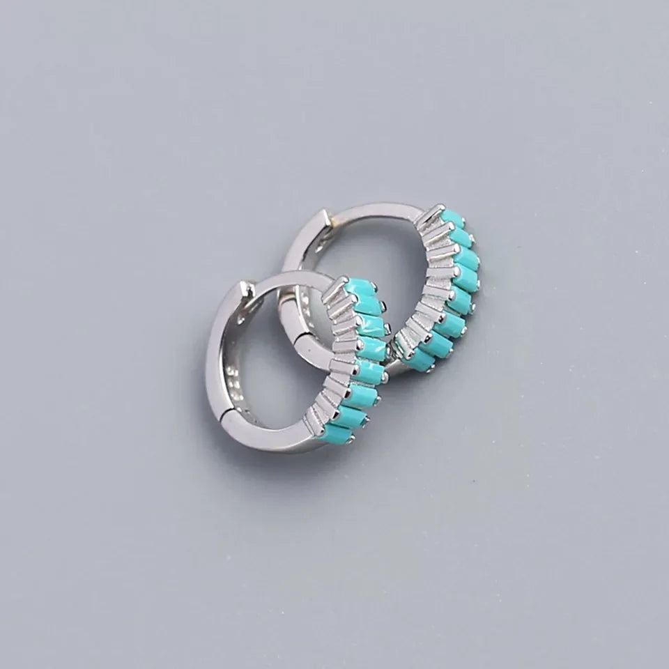 925 Sterling Silver Earring Fashion Rectangle Color Zircon Round Ear Ring Ear Bone Wild Trend Sweet Simple Women Girl Ear Jewelr
