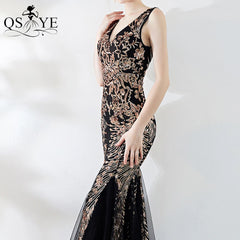 Double-V Black Mermaid Evening Dress Gold Lace Tulle Prom Gown Appliques Dress