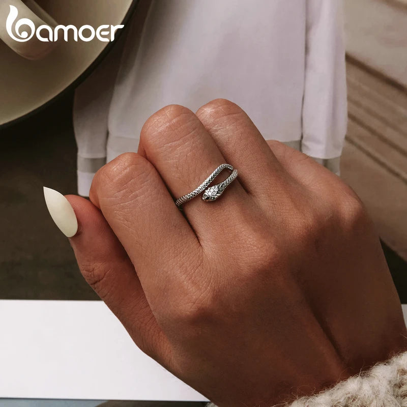 BAMOER 925 Sterling Silver Platinum Plated Adjustable Ring, Green Zircon Retro Textures Snake Ring Fashion Jewelry 4 Colors