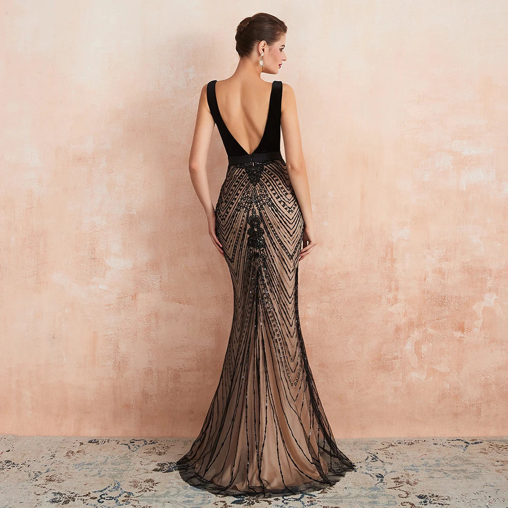 Homecoming Dresses: Backless Black and Champagne Long Prom Formal Gown