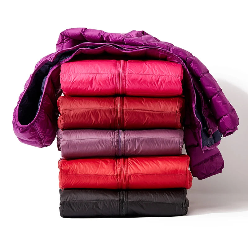 Women Ultra Light 90% Duck Down Jacket Hooded Jackets Long Sleeve Double
