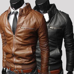 Men Faux Leather Jacket Zippers Men's Stand Collar Coat Spring Autumn Casual