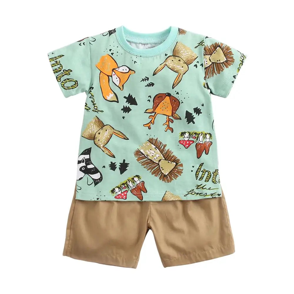 Cartoon Boys Clothing Sets Summer Short Sleeve Cotton Baby Tops + Baby Shorts 2Pcs Casual