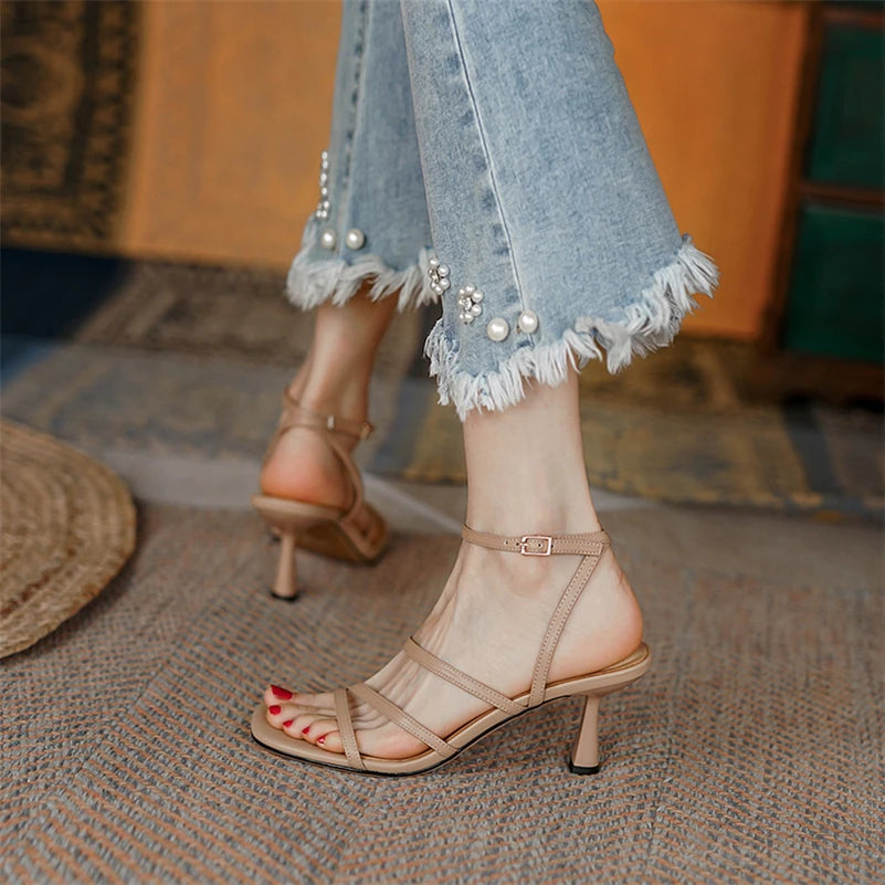 Meotina Sandals Women Shoes Square Ankle Strap Sandals Thin High Heels