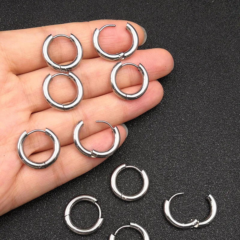 6pcs/lot Thick 3.0mm 4.0mm 5.0mm Stainless Steel Circle Hoop Earrings For Women Girls Gold Silver Color Round Geometry Earrings