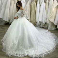 Ball Gown White Wedding Dresses Long Sleeve Lace Applique Boat